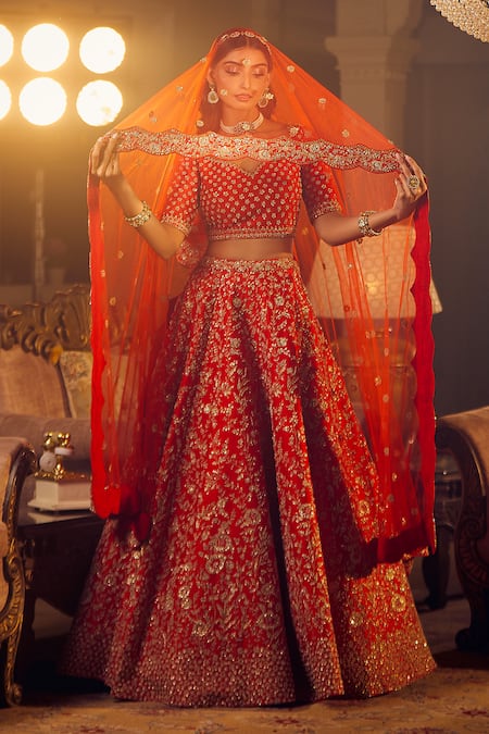 Azeera Red Embroidered Floral Leaf Marigold Bridal Lehenga Set 