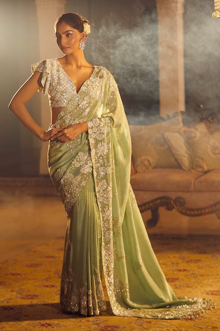 Azeera Green Embroidered Floral Plunged V Neck Saree With Blouse 