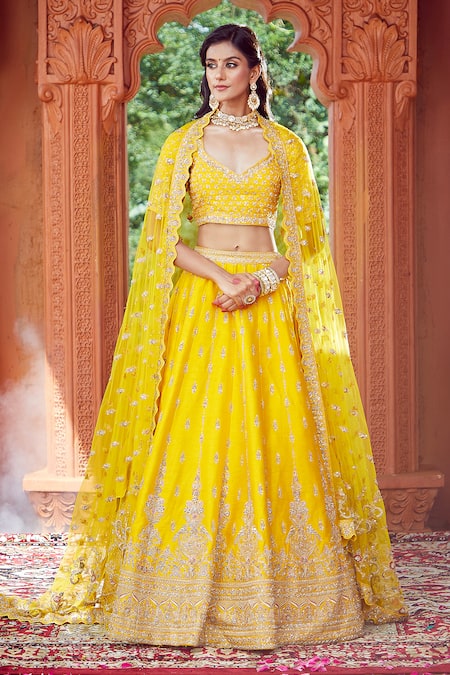 Azeera Yellow Silk Blend Embroidered Floral Plunged Neck Lehenga Set 