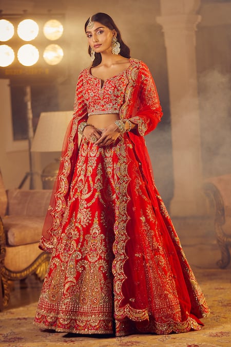 Azeera Red Embroidered Floral Notched Neck Ananya Bridal Lehenga Set 