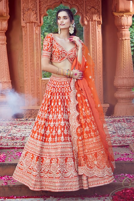 Azeera Orange Silk Blend Embroidered Floral Broad Leaf Neck Zardozi Bridal Lehenga Set 