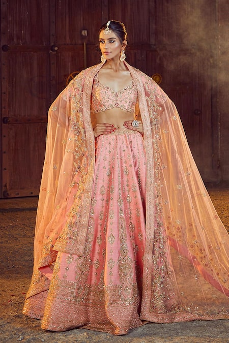 Azeera Coral Embroidered Plunged Glass Neck Prachi Zardozi Bridal Lehenga Set 