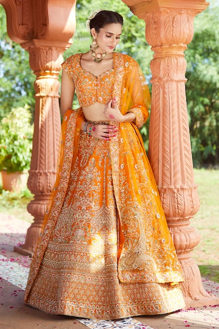 Azeera Orange Silk Blend Embroidered Floral Broad Leaf Zardozi Bridal Lehenga Set 