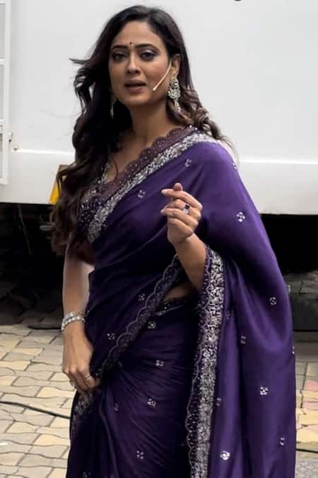 Manvi Kapoor_Purple Silk, Satin, Brocade Cut Work, Floral Cutdana Embroidered Saree Set _at_Aza_Fashions