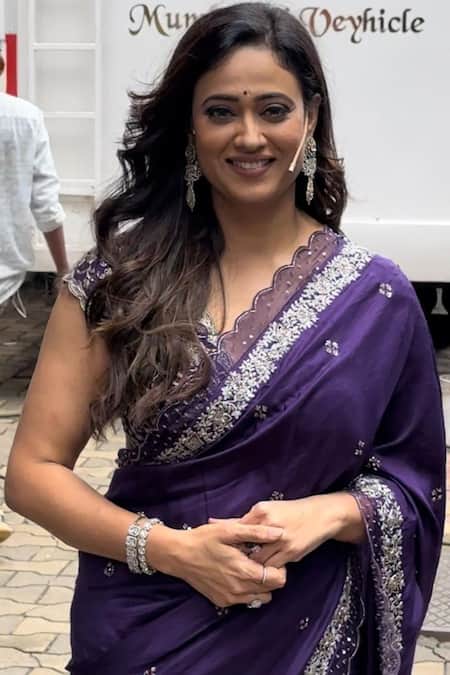 Buy_Manvi Kapoor_Purple Silk, Satin, Brocade Cut Work, Floral Cutdana Embroidered Saree Set 