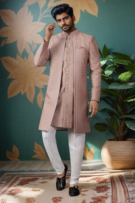 Buy_Arihant Rai Sinha_Brown Silk Embroidery Jaali Layered Sherwani And Pant _Online_at_Aza_Fashions