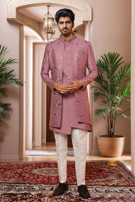 Buy_Arihant Rai Sinha_Pink Silk, Denim Sequins, Embroidery Onion Thread Sherwani Set _Online_at_Aza_Fashions