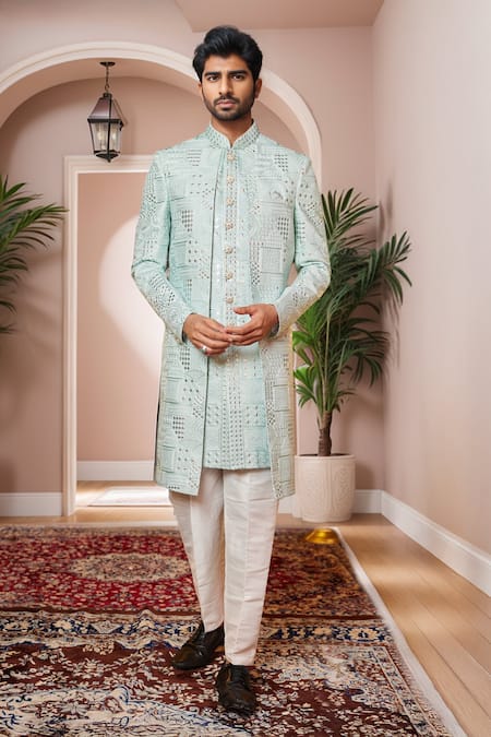 Arihant Rai Sinha Green Silk Embroidery, Sequins Geometric Sherwani And Aligadhi Pant 