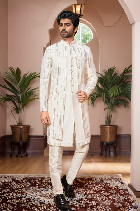 Shop Arihant Rai Sinha Cream Silk, Faux Leather Sequins, Embroidery Leaf Sherwani Set at Aza Fashions Shop_Arihant Rai Sinha_Cream Silk, Faux Leather Sequins, Embroidery Leaf Sherwani Set_at_Aza_Fashions