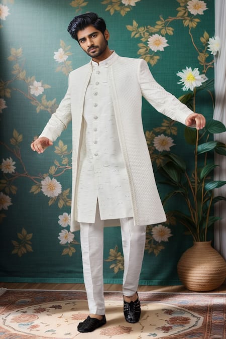 Buy_Arihant Rai Sinha_Cream Silk, Faux Leather, Polyester Sequins, Embroidery Thread And Sherwani Set _Online_at_Aza_Fashions