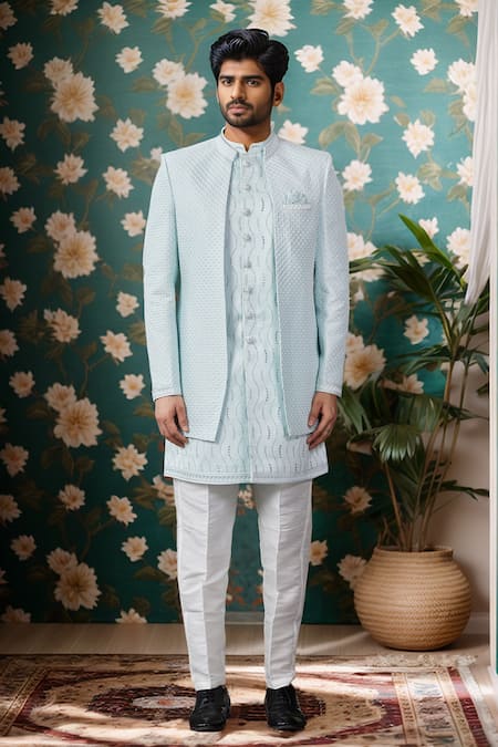 Arihant Rai Sinha_Green Silk, Faux Leather Sequins, Embroidery Pista Thread And Set _Online_at_Aza_Fashions
