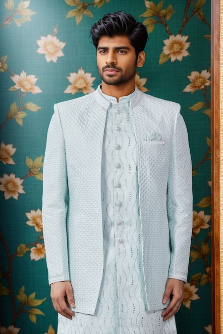 Buy_Arihant Rai Sinha_Green Silk, Faux Leather Sequins, Embroidery Pista Thread And Set _Online_at_Aza_Fashions