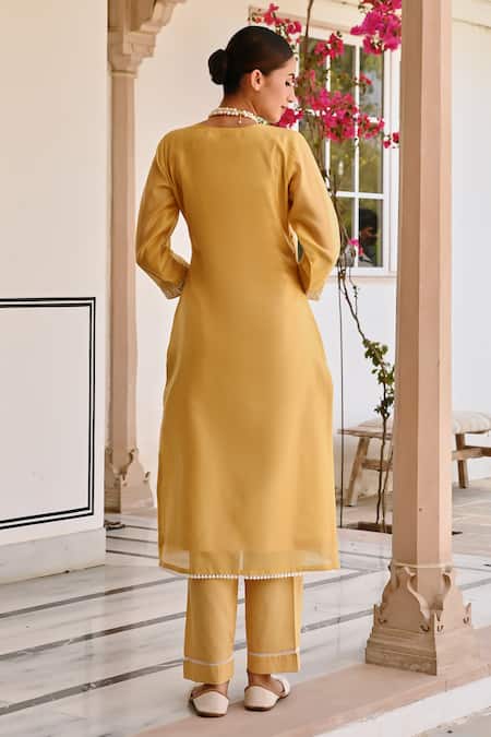 Karaj Jaipur Yellow Chanderi, Cotton Embroidery Round Neck Chikankari Kurta Set Online at Aza Fashions Karaj Jaipur_Yellow Chanderi, Cotton Embroidery Round Neck Chikankari Kurta Set _Online_at_Aza_Fashions
