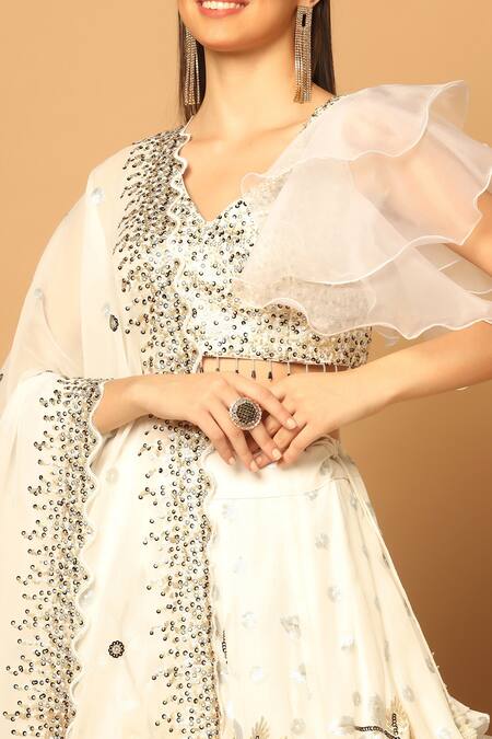 Buy Two Sisters By Gyans White Georgette Beads, Sequins V-neck Garden Embroidered Lehenga Set Buy_Two Sisters By Gyans_White Georgette Beads, Sequins V-neck Garden Embroidered Lehenga Set