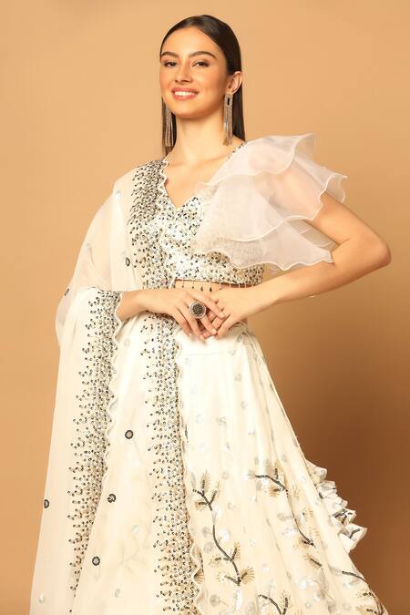 Shop Two Sisters By Gyans White Georgette Beads, Sequins V-neck Garden Embroidered Lehenga Set Shop_Two Sisters By Gyans_White Georgette Beads, Sequins V-neck Garden Embroidered Lehenga Set