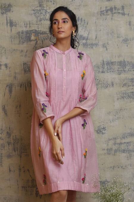Dhaari Pink Cotton Silk Band Collar Embroidered Dress Online at Aza Fashions Dhaari_Pink Cotton Silk Band Collar Embroidered Dress _Online_at_Aza_Fashions
