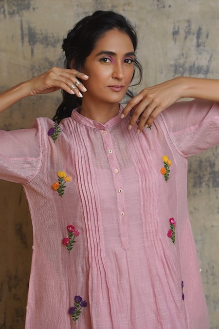 Buy_Dhaari_Pink Cotton Silk Band Collar Embroidered Dress _Online_at_Aza_Fashions
