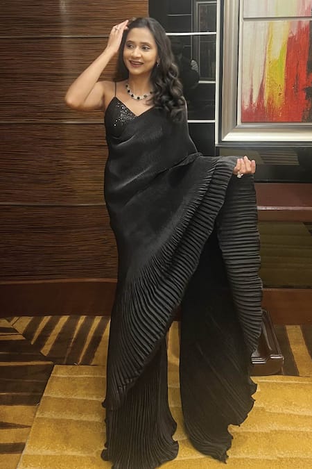 B'Infinite Black Pre-Draped Ruffled Saree Set 