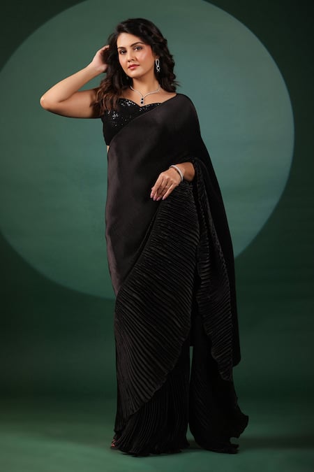 Buy_B'Infinite_Black Lycra Sequins Sweetheart Neck Pre-draped Ruffled Saree Set 
