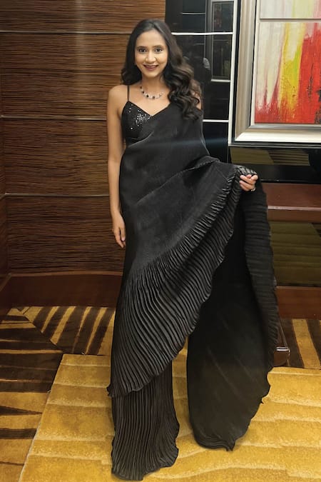 Shop_B'Infinite_Black Lycra Sequins Sweetheart Neck Pre-draped Ruffled Saree Set 