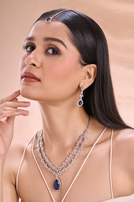 Shop Nazaakat By Samara Singh Silver Plated Crystals Double Layered Necklace Set With Maangtikka Shop_Nazaakat By Samara Singh_Silver Plated Crystals Double Layered Necklace Set With Maangtikka