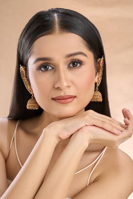 Shop Nazaakat By Samara Singh Multi Color Crystals Kemp Stone Temple Ear Cuff Jhumkas at Aza Fashions Shop_Nazaakat By Samara Singh_Multi Color Crystals Kemp Stone Temple Ear Cuff Jhumkas_at_Aza_Fashions