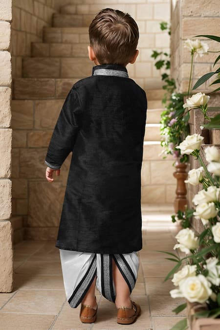 Shop_Petite Pomme_Black Silk Embroidery Flora Crest Kurta And Dhoti Set _at_Aza_Fashions