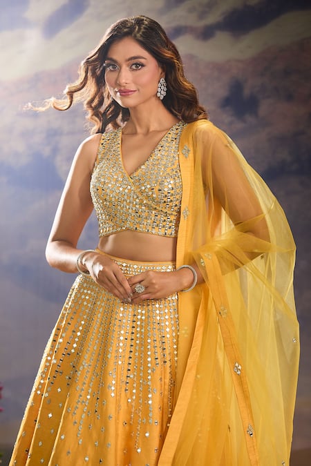 Shop_Aariyana Couture_Yellow Silk, Chiffon Mirrors, Embroidery V-neck Work Lehenga Set _Online_at_Aza_Fashions