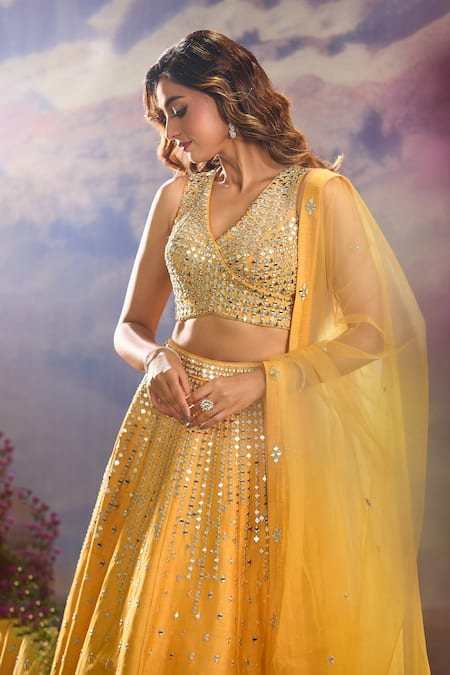 Buy_Aariyana Couture_Yellow Silk, Chiffon Mirrors, Embroidery V-neck Work Lehenga Set 