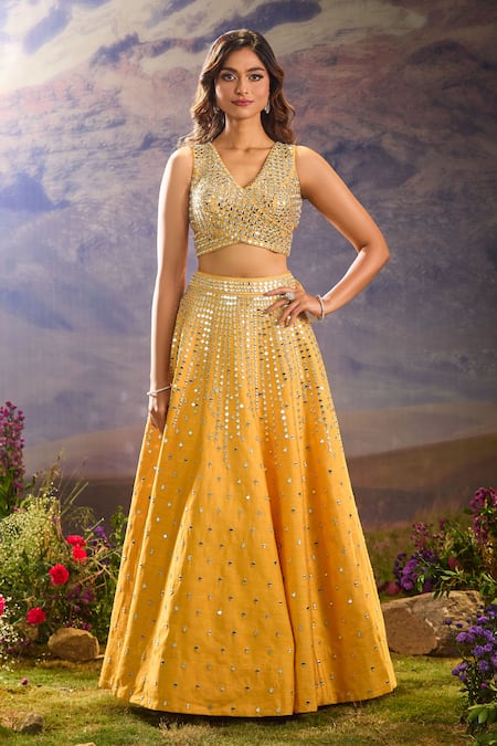 Aariyana Couture_Yellow Silk, Chiffon Mirrors, Embroidery V-neck Work Lehenga Set _Online_at_Aza_Fashions