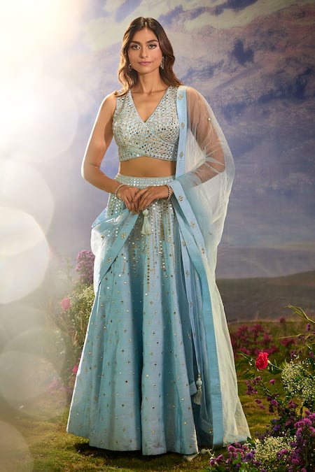 Shop_Aariyana Couture_Blue Silk, Chiffon Mirrors, Embroidery, Tassels V-neck Lehenga Set _Online_at_Aza_Fashions
