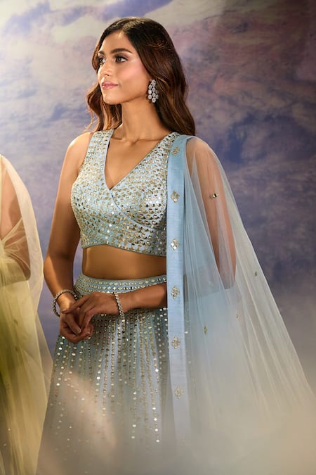 Aariyana Couture_Blue Silk, Chiffon Mirrors, Embroidery, Tassels V-neck Lehenga Set _at_Aza_Fashions