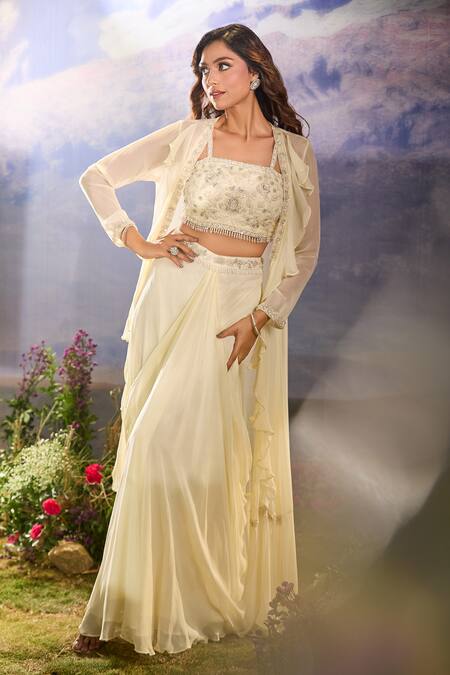 Aariyana Couture Cream Georgette Beads, Sequins, Cut Work Embroidered Cape And Draped Skirt Set Online at Aza Fashions Aariyana Couture_Cream Georgette Beads, Sequins, Cut Work Embroidered Cape And Draped Skirt Set_Online_at_Aza_Fashions