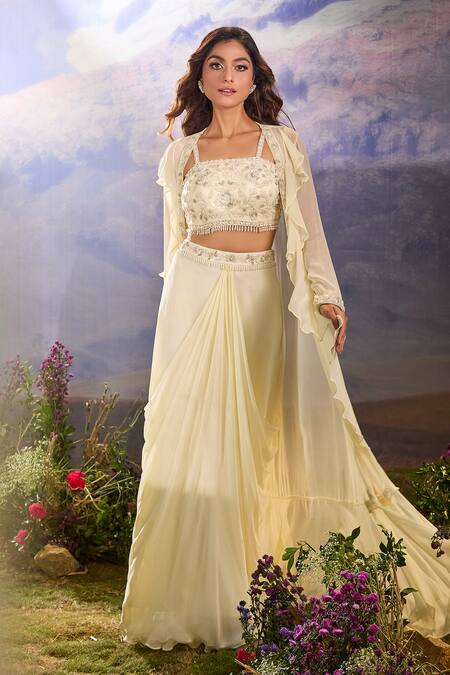 Buy Aariyana Couture Cream Georgette Beads, Sequins, Cut Work Embroidered Cape And Draped Skirt Set Buy_Aariyana Couture_Cream Georgette Beads, Sequins, Cut Work Embroidered Cape And Draped Skirt Set