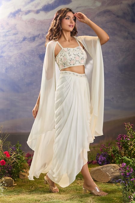 Shop_Aariyana Couture_White Georgette Cut Work, Sequins, Beads, Embroidery Floral Cape And Skirt Set _Online_at_Aza_Fashions