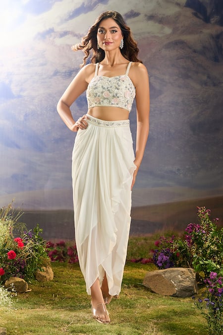 Buy_Aariyana Couture_White Georgette Cut Work, Sequins, Beads, Embroidery Floral Cape And Skirt Set 