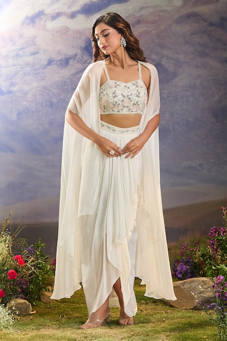 Shop_Aariyana Couture_White Georgette Cut Work, Sequins, Beads, Embroidery Floral Cape And Skirt Set 