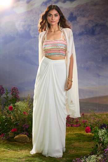 Shop Aariyana Couture Multi Color Georgette Cut Work, Sequins, Floral Embroidered Cape And Skirt Set Shop_Aariyana Couture_Multi Color Georgette Cut Work, Sequins, Floral Embroidered Cape And Skirt Set