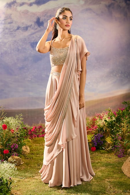 Aariyana Couture_Beige Chiffon Beads, Sequins, Cut Work Scoop Neck Ruffle Pre-draped Saree Set _Online_at_Aza_Fashions