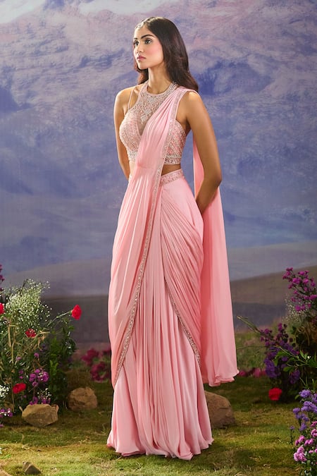 Shop_Aariyana Couture_Pink Chiffon Sequins, Beads, Zari Embroidered Pre-draped Saree And Blouse Set _Online_at_Aza_Fashions