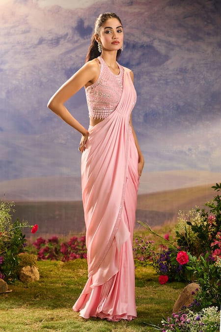 Buy_Aariyana Couture_Pink Satin, Chiffon Sequins, Pleated Pre-draped Saree And Embroidered Blouse _Online_at_Aza_Fashions