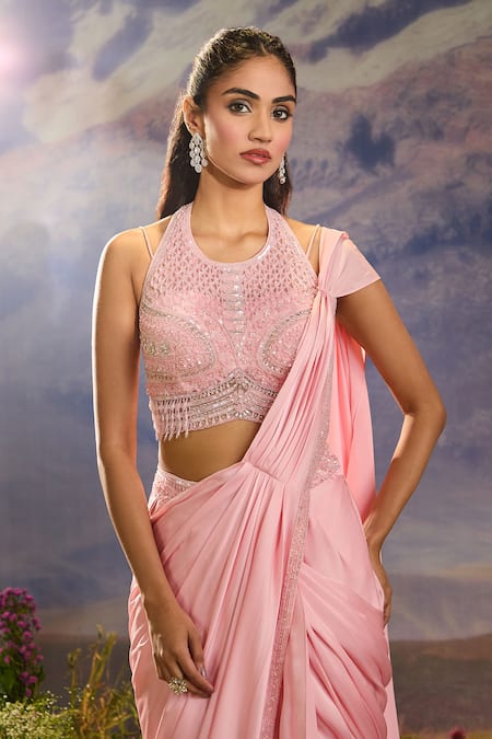 Shop_Aariyana Couture_Pink Satin, Chiffon Sequins, Pleated Pre-draped Saree And Embroidered Blouse 