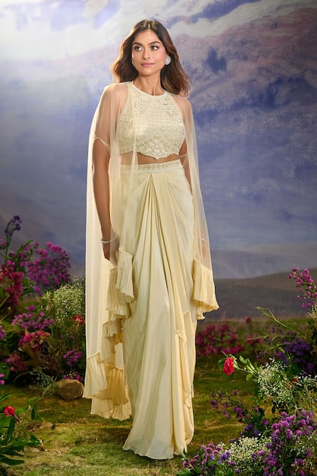 Buy_Ariyana By Aza_Off White Net, Crepe Sequins, Cut Work, Beads Ruffle Cape Embroidered Skirt Set 