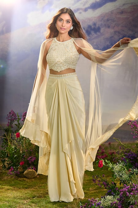 Shop_Ariyana By Aza_Off White Net, Crepe Sequins, Cut Work, Beads Ruffle Cape Embroidered Skirt Set 