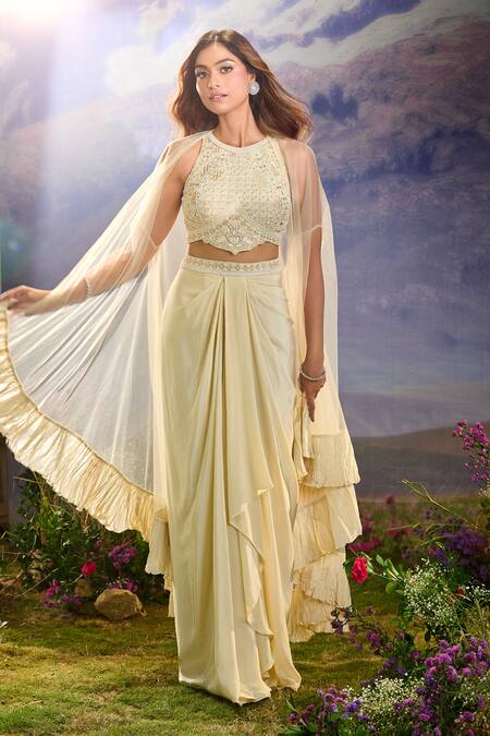 Ariyana By Aza_Off White Net, Crepe Sequins, Cut Work, Beads Ruffle Cape Embroidered Skirt Set _Online_at_Aza_Fashions