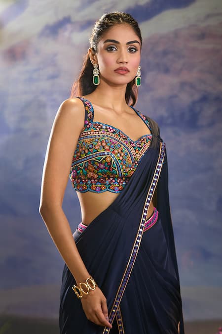 Buy_Aariyana Couture_Blue Chiffon, Satin Embroidery, Mirrors Sweetheart Navy Pre-draped Saree Set _Online_at_Aza_Fashions