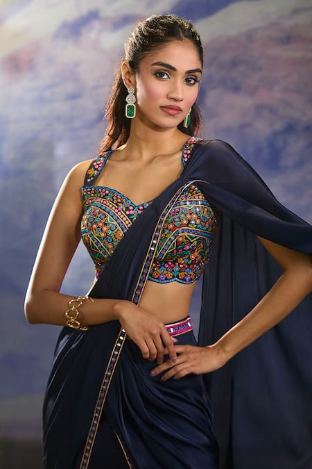 Shop_Aariyana Couture_Blue Chiffon, Satin Embroidery, Mirrors Sweetheart Navy Pre-draped Saree Set _Online_at_Aza_Fashions