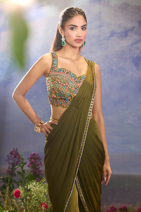 Buy Aariyana Couture Green Chiffon Mirrors, Embroidery Sweetheart Work Pre-draped Saree And Blouse Set Online at Aza Fashions Buy_Aariyana Couture_Green Chiffon Mirrors, Embroidery Sweetheart Work Pre-draped Saree And Blouse Set _Online_at_Aza_Fashions