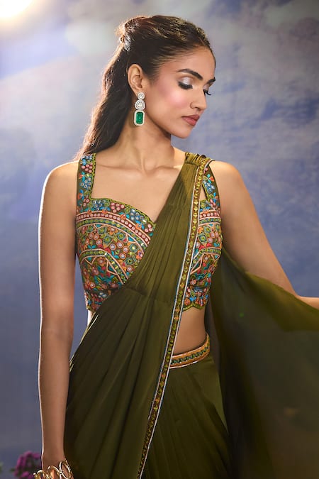 Buy Aariyana Couture Green Chiffon Mirrors, Embroidery Sweetheart Work Pre-draped Saree And Blouse Set Buy_Aariyana Couture_Green Chiffon Mirrors, Embroidery Sweetheart Work Pre-draped Saree And Blouse Set