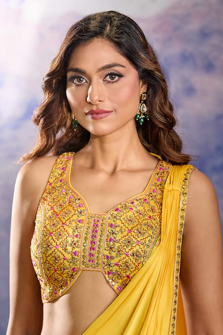 Buy_Aariyana Couture_Yellow Georgette, Chiffon Embroidery, Mirrors Keyhole Neck Work Pant Saree Set _Online_at_Aza_Fashions